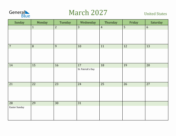 March 2027 Calendar with United States Holidays