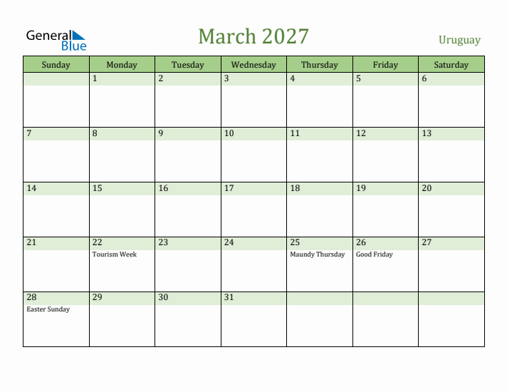 March 2027 Calendar with Uruguay Holidays