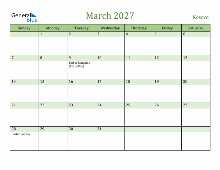 March 2027 Calendar with Kosovo Holidays