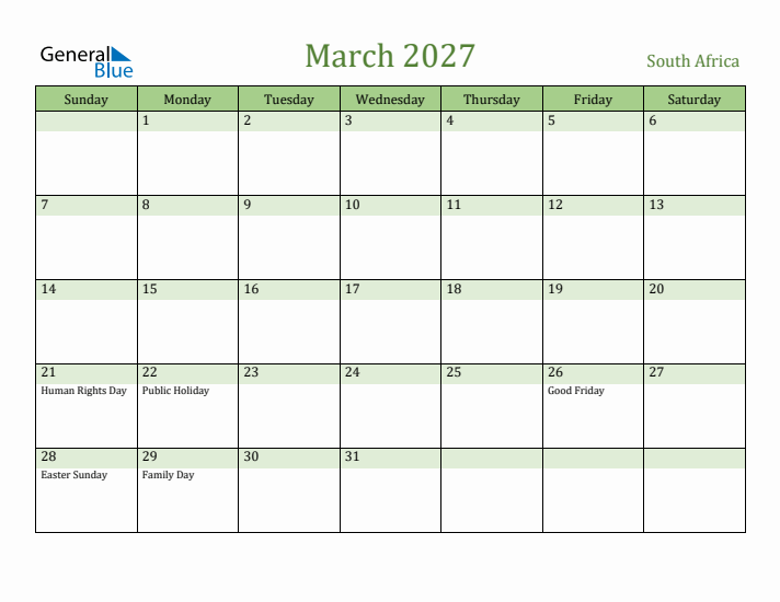 March 2027 Calendar with South Africa Holidays