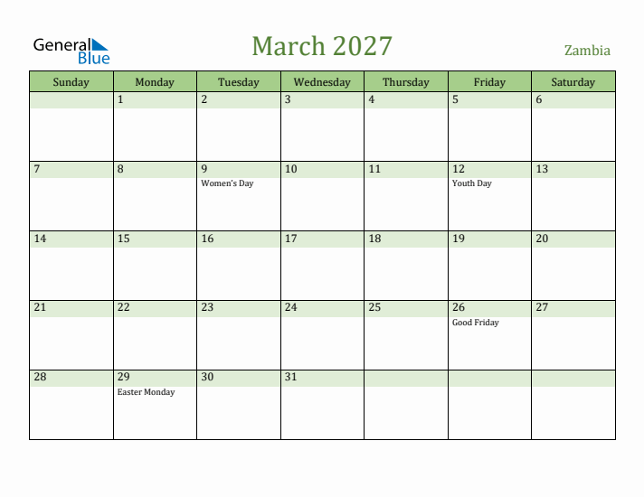 March 2027 Calendar with Zambia Holidays