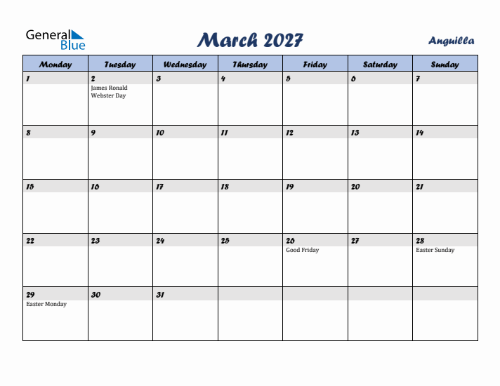 March 2027 Calendar with Holidays in Anguilla