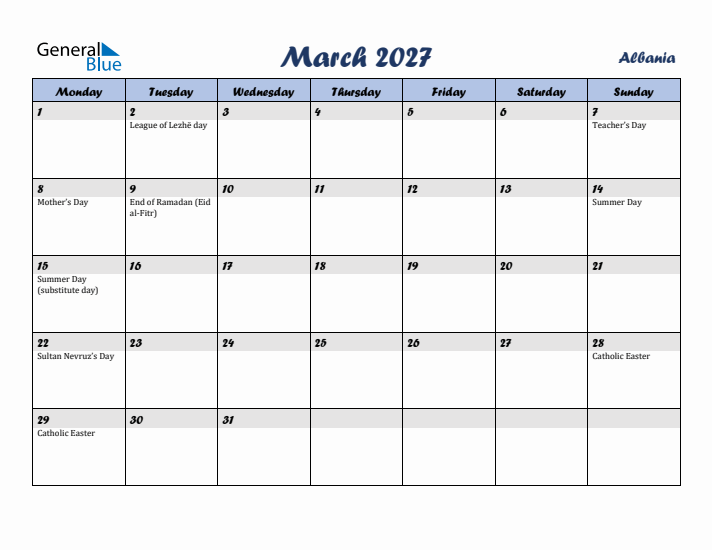 March 2027 Calendar with Holidays in Albania