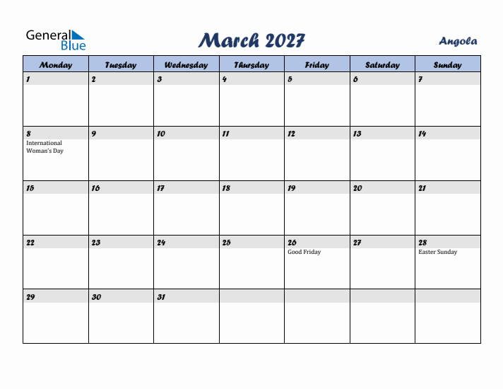 March 2027 Calendar with Holidays in Angola