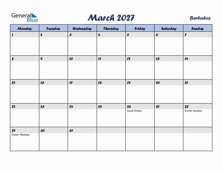 March 2027 Calendar with Holidays in Barbados