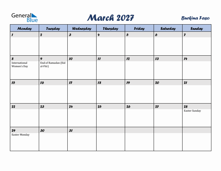 March 2027 Calendar with Holidays in Burkina Faso