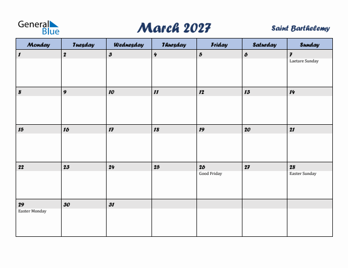 March 2027 Calendar with Holidays in Saint Barthelemy