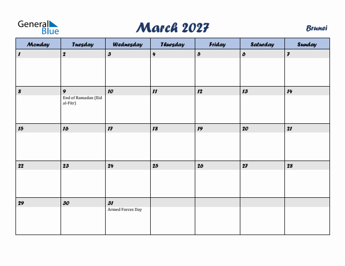 March 2027 Calendar with Holidays in Brunei