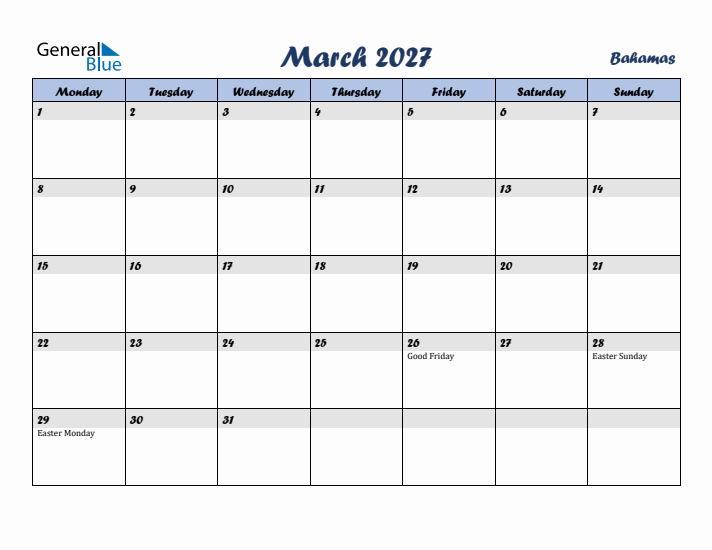 March 2027 Calendar with Holidays in Bahamas