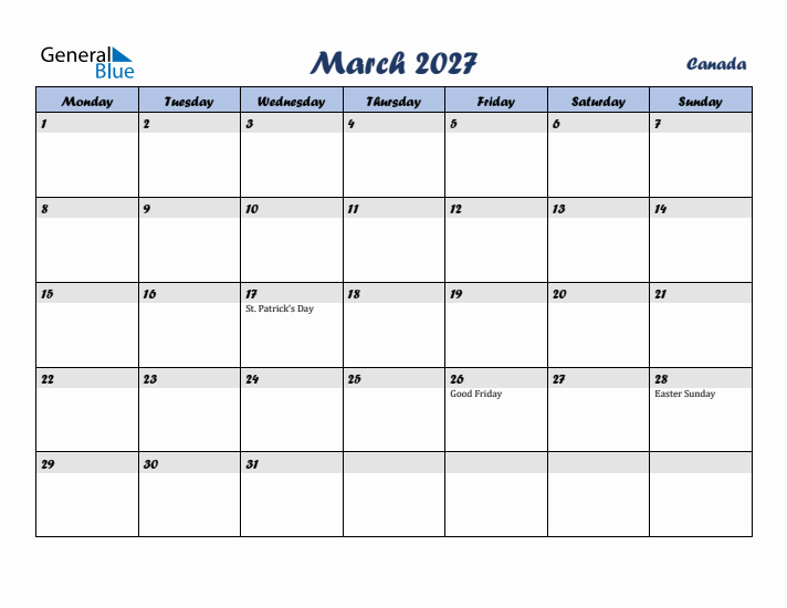 March 2027 Calendar with Holidays in Canada