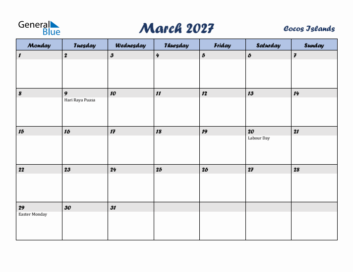 March 2027 Calendar with Holidays in Cocos Islands