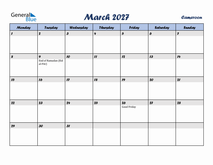 March 2027 Calendar with Holidays in Cameroon