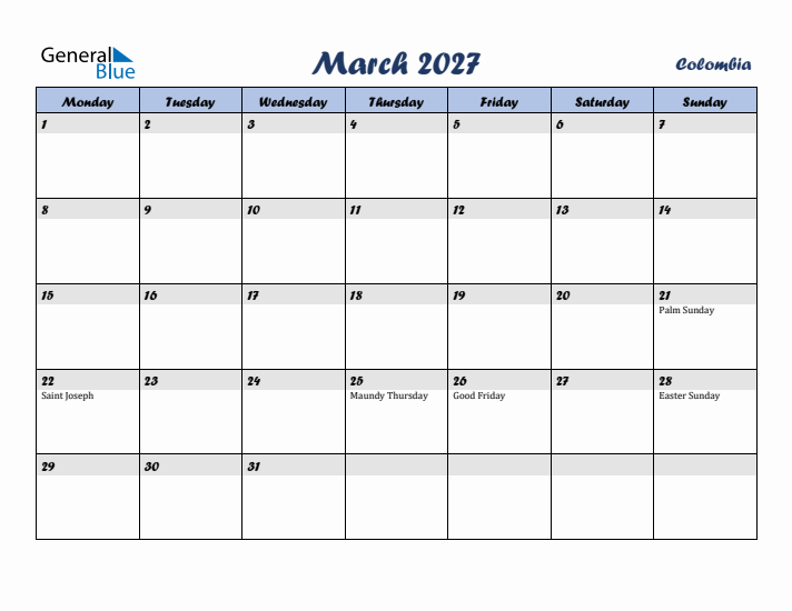 March 2027 Calendar with Holidays in Colombia