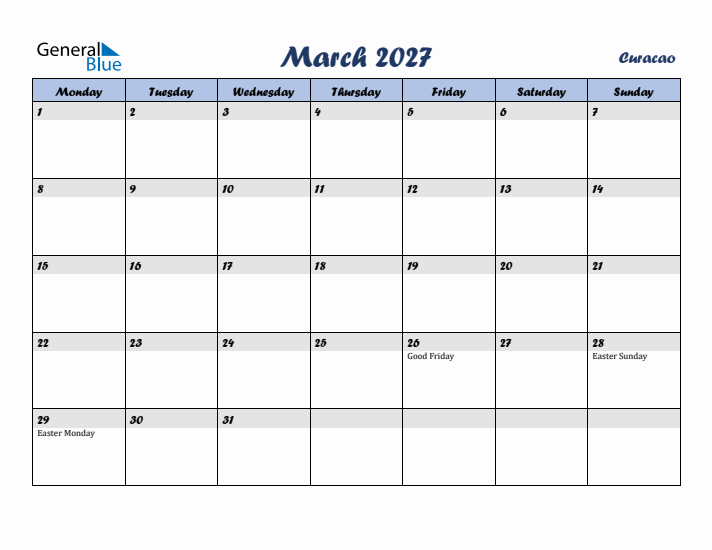 March 2027 Calendar with Holidays in Curacao