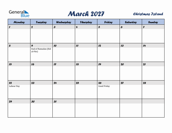 March 2027 Calendar with Holidays in Christmas Island