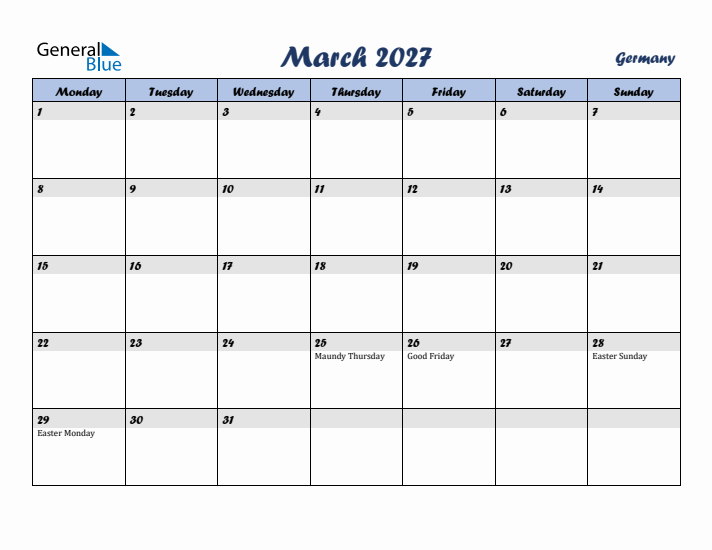 March 2027 Calendar with Holidays in Germany