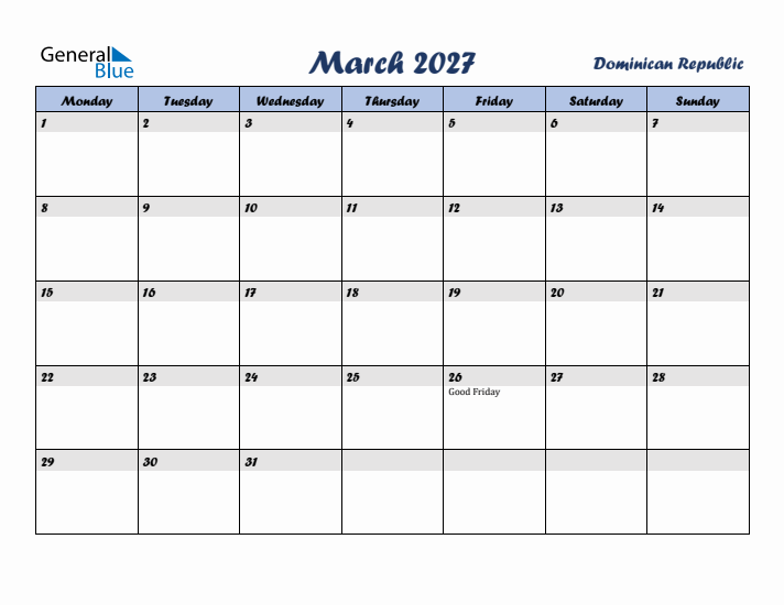 March 2027 Calendar with Holidays in Dominican Republic