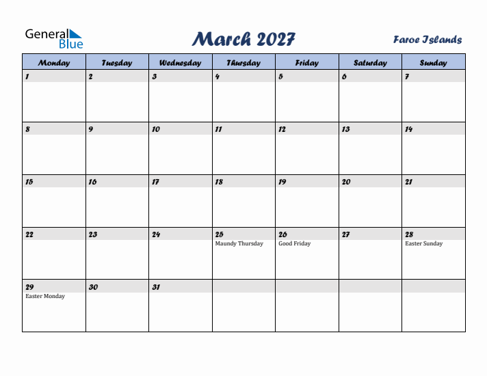 March 2027 Calendar with Holidays in Faroe Islands