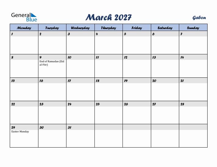 March 2027 Calendar with Holidays in Gabon