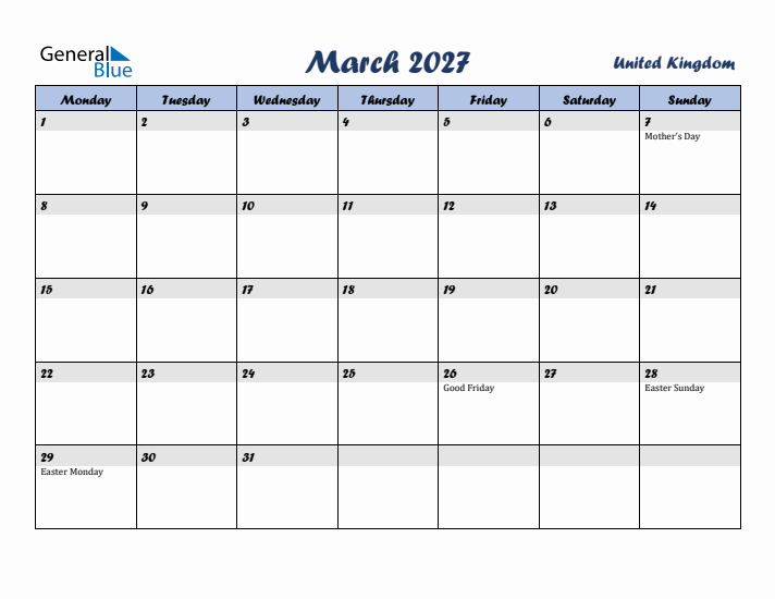 March 2027 Calendar with Holidays in United Kingdom