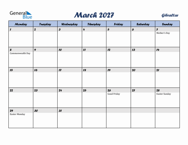 March 2027 Calendar with Holidays in Gibraltar