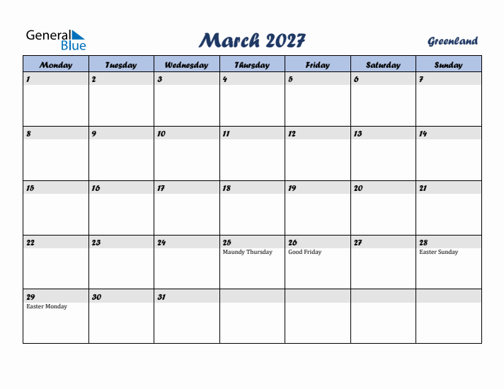March 2027 Calendar with Holidays in Greenland