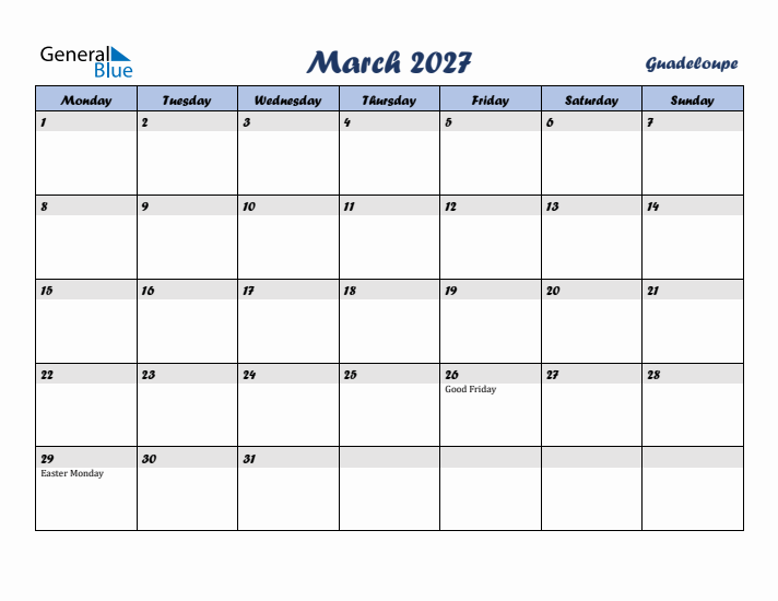 March 2027 Calendar with Holidays in Guadeloupe