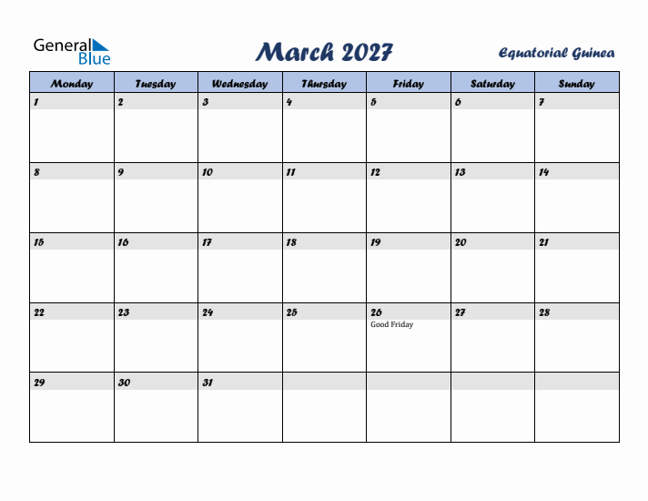 March 2027 Calendar with Holidays in Equatorial Guinea