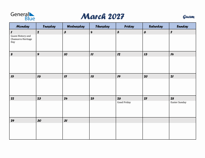 March 2027 Calendar with Holidays in Guam