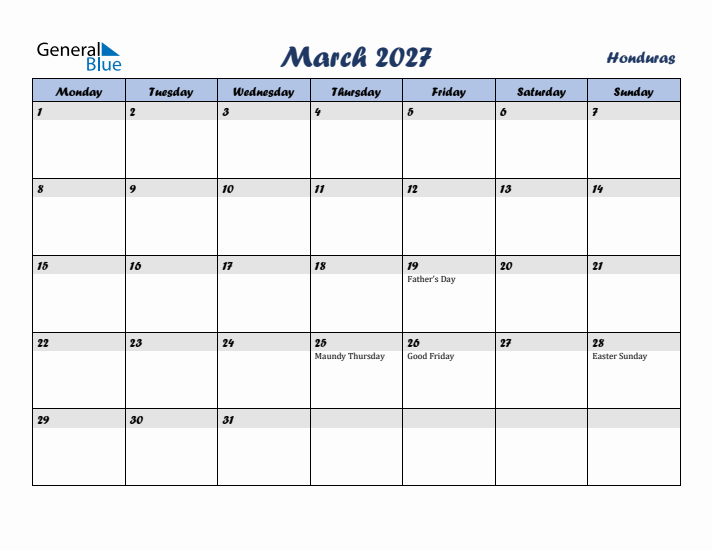 March 2027 Calendar with Holidays in Honduras