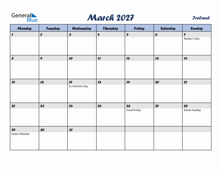 March 2027 Calendar with Holidays in Ireland