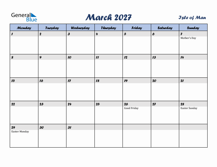 March 2027 Calendar with Holidays in Isle of Man