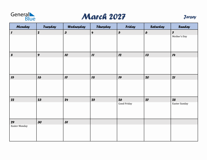 March 2027 Calendar with Holidays in Jersey
