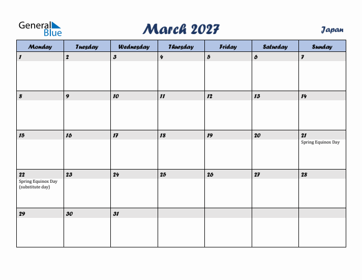 March 2027 Calendar with Holidays in Japan