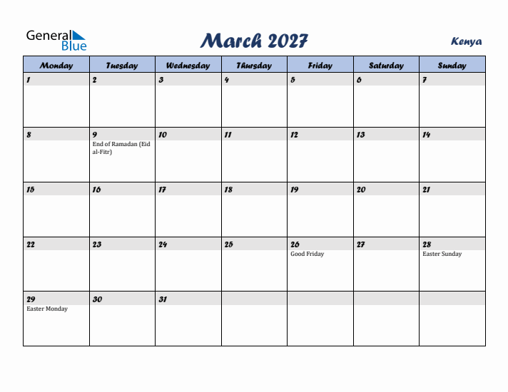March 2027 Calendar with Holidays in Kenya
