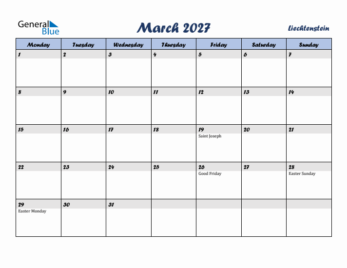 March 2027 Calendar with Holidays in Liechtenstein