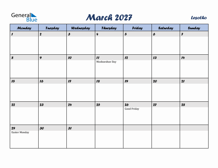March 2027 Calendar with Holidays in Lesotho