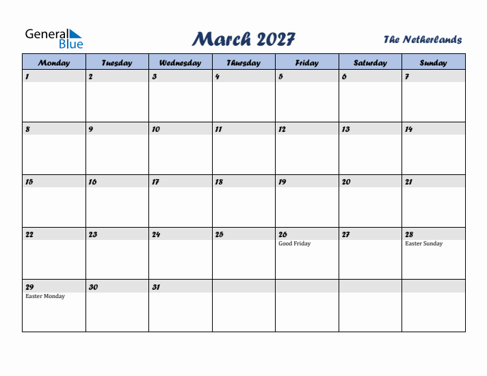 March 2027 Calendar with Holidays in The Netherlands