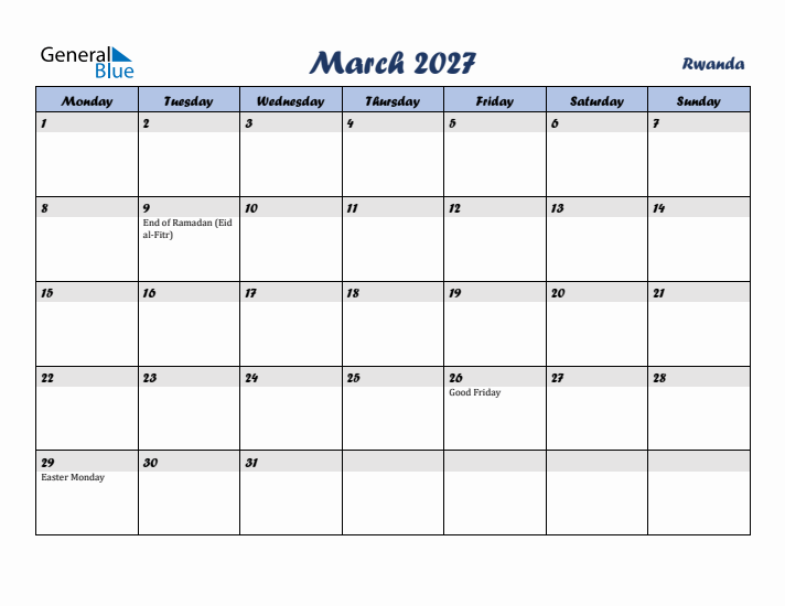 March 2027 Calendar with Holidays in Rwanda
