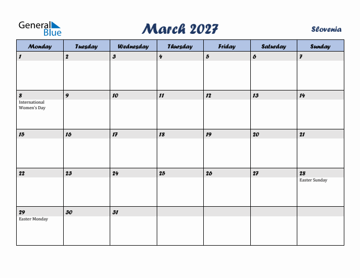 March 2027 Calendar with Holidays in Slovenia