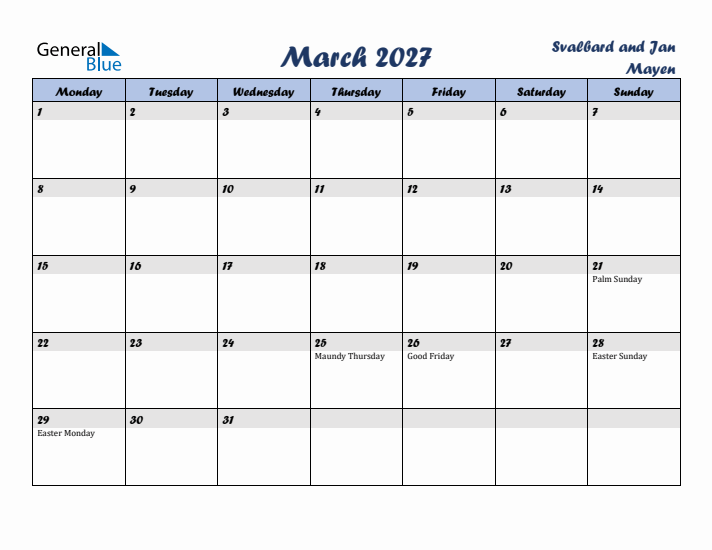 March 2027 Calendar with Holidays in Svalbard and Jan Mayen
