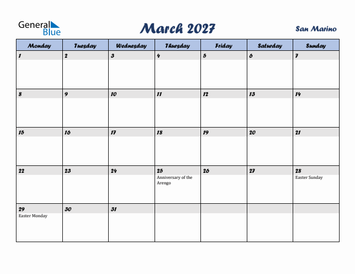 March 2027 Calendar with Holidays in San Marino