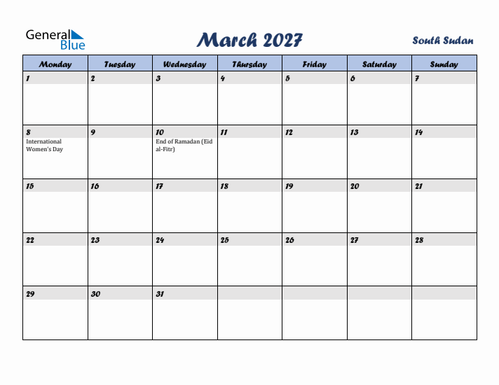 March 2027 Calendar with Holidays in South Sudan
