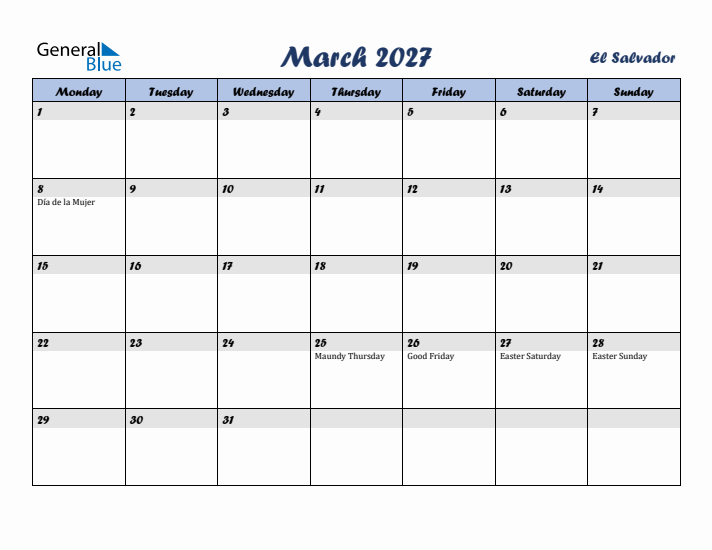 March 2027 Calendar with Holidays in El Salvador