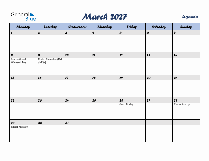 March 2027 Calendar with Holidays in Uganda