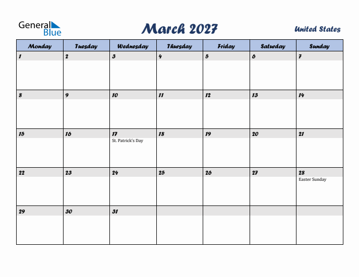 March 2027 Calendar with Holidays in United States