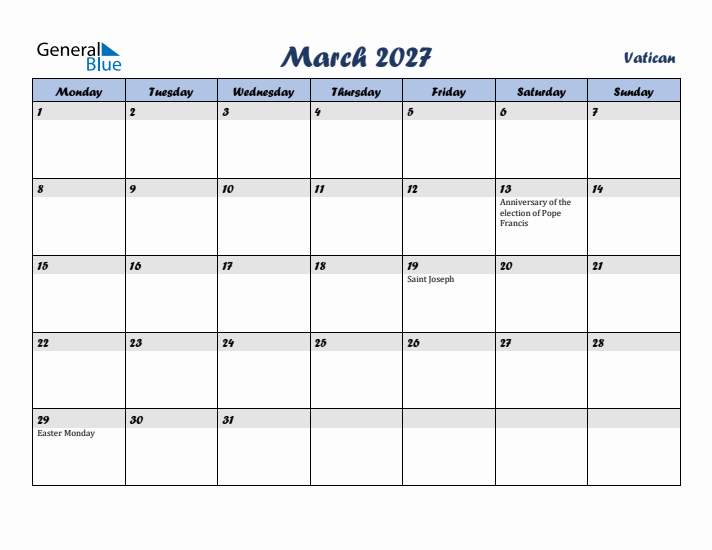 March 2027 Calendar with Holidays in Vatican