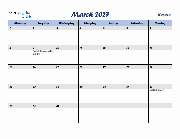 March 2027 Calendar with Holidays in Kosovo