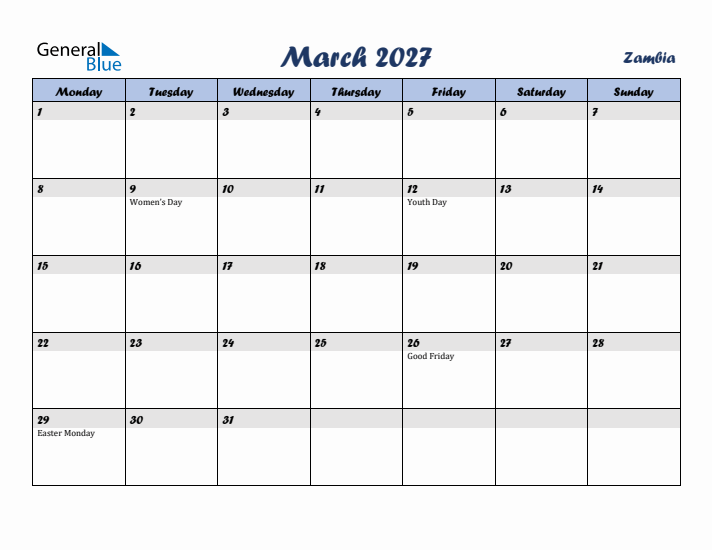 March 2027 Calendar with Holidays in Zambia
