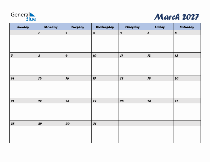 March 2027 Blue Calendar (Sunday Start)